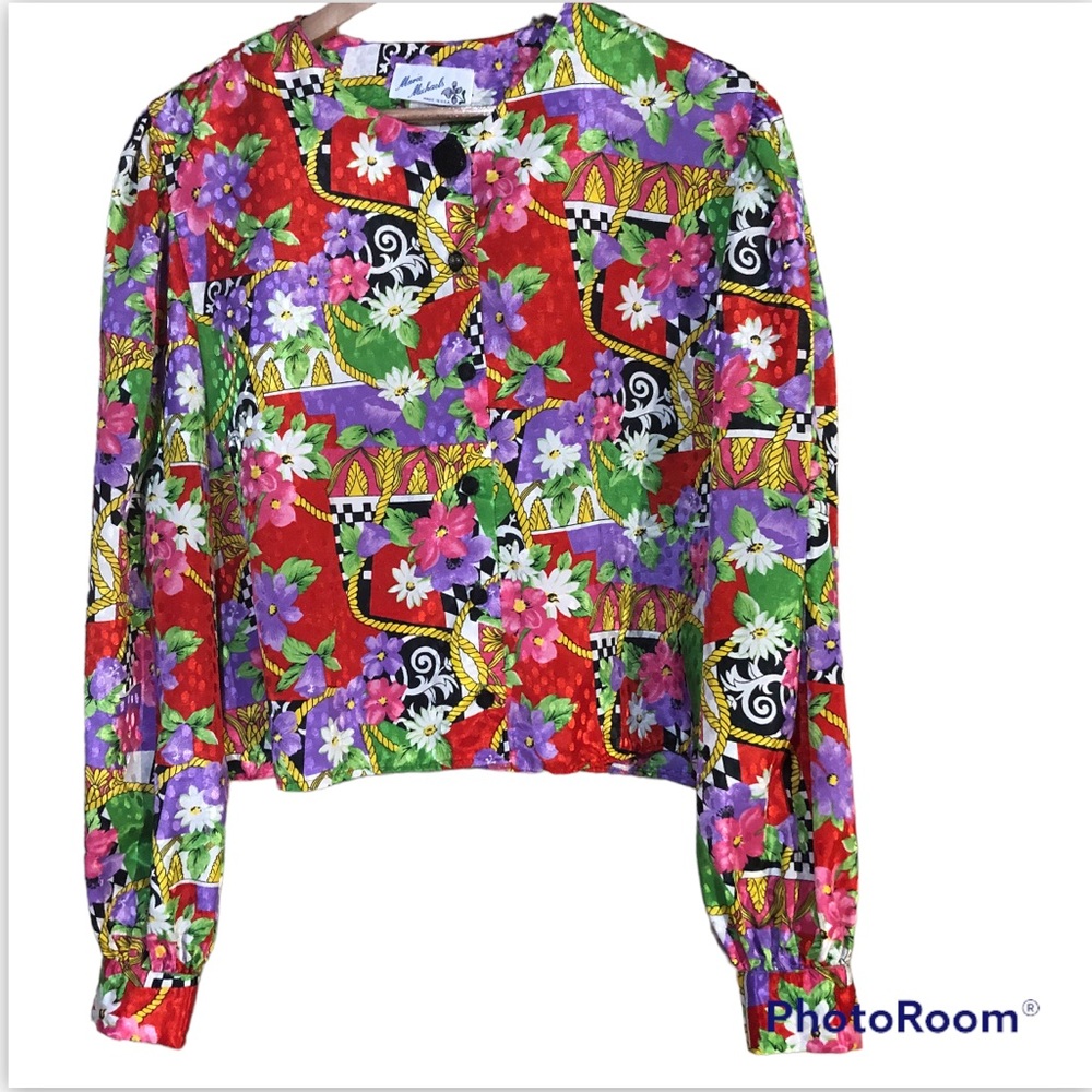 Vintage 80s Marie Michaels mixed pattern print voluminous balloon sleeve blouse